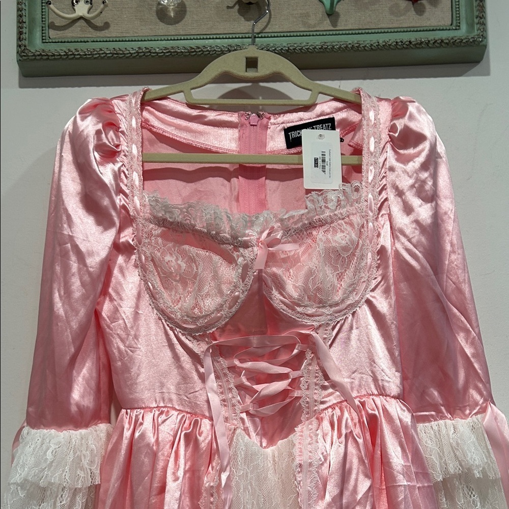 Dolls Kill Pink Satin white Lace French queen Mini Dress small women’s - Picture 5 of 7